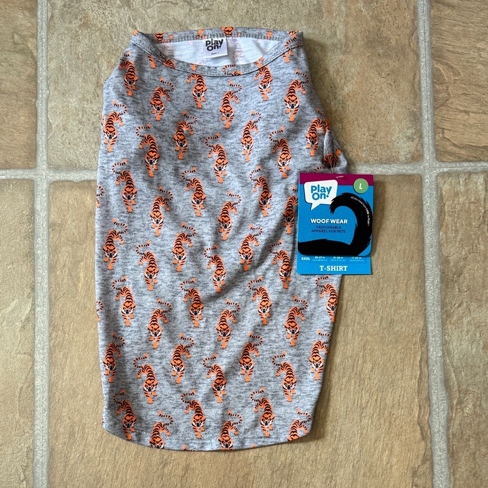 NEW "Woofwear" by PlayOn - Gray and Orange Tiger Print Dog TShirt Size L